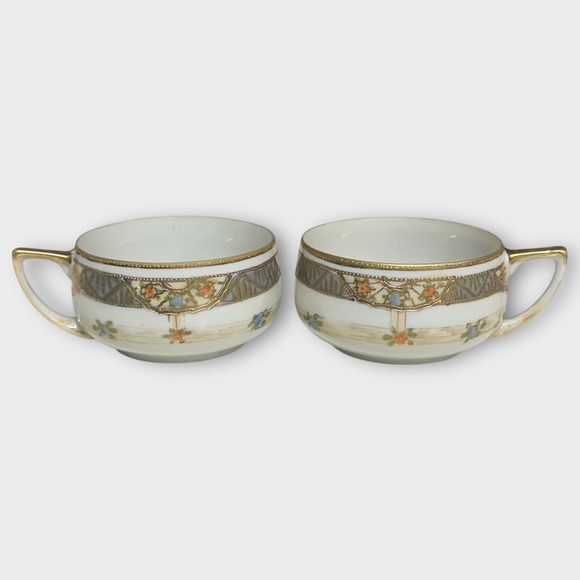 Vintage Nippon Hand Painted Tea Cups Raised Textured Designs Gold Trim Floral - Picture 2 of 14